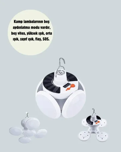 Katlanabilir Led Çadır Lambası 5 Kademeli Güneş Paneli İle Şarj