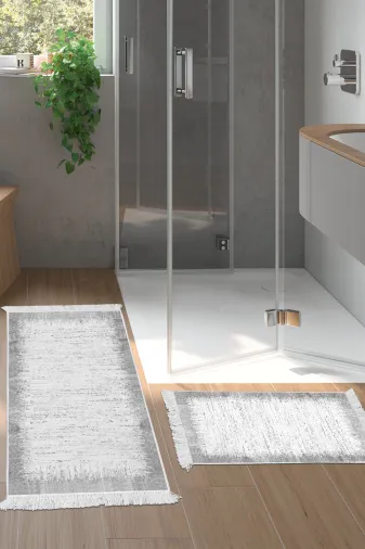 KAYABEY HOME B3-1342P1-10P2 Kaymaz Taban Djt 2 Li Banyo Paspas Takımı Star Pamuk Saçaklı Modern 1342 Gri