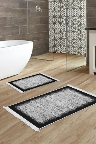 KAYABEY HOME B3-1342P1-10P2 Kaymaz Taban Djt 2 Li Banyo Paspas Takımı Star Pamuk Saçaklı Modern 1342 Siyah