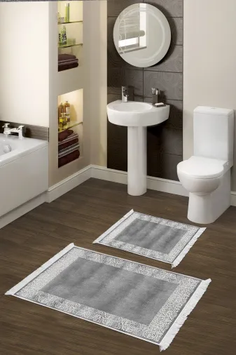 KAYABEY HOME B3-1460K1-10P2 Kaymaz Taban Djt 2 Li Banyo Paspas Takımı Trend Saçaklı Modern 1460 Gri
