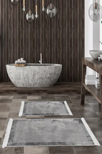 KAYABEY HOME B3-1921P1-10P2 Kaymaz Taban Djt 2 Li Banyo Paspas Takımı Star Pamuk Saçaklı Modern 1921 Gri