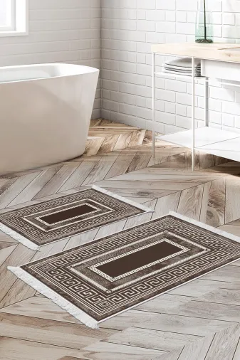 KAYABEY HOME B3-651MK1-10P2 Kaymaz Taban Djt 2 Li Banyo Paspas Takımı Trend Saçaklı Modern 651M Kahve