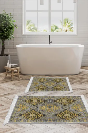 KAYABEY HOME B3-659MP1-10P2 Kaymaz Taban Djt 2 Li Banyo Paspas Takımı Star Pamuk Saçaklı Modern 659M Sarı