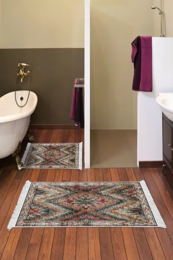 KAYABEY HOME B3-F5003K1-10P2 Kaymaz Taban Djt 2 Li Banyo Paspas Takımı Trend Saçaklı Iskandinav F5003 Renkli