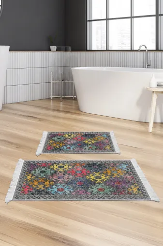 KAYABEY HOME B3-F5008K1-10P2 Kaymaz Taban Djt 2 Li Banyo Paspas Takımı Trend Saçaklı Iskandinav F5008 Renkli