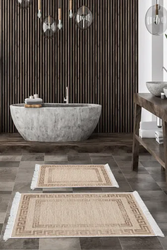 KAYABEY HOME B3-F5036P1-10P2 Kaymaz Taban Djt 2 Li Banyo Paspas Takımı Star Pamuk Saçaklı Modern F5036 Bej
