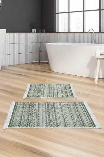 KAYABEY HOME B3-F5078K1-10P2 Kaymaz Taban Djt 2 Li Banyo Paspas Takımı Trend Saçaklı Iskandinav F5078 Yeşil