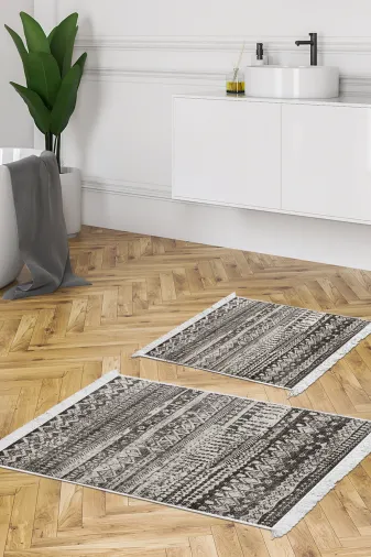 KAYABEY HOME B3-F5080P1-10P2 Kaymaz Taban Djt 2 Li Banyo Paspas Takımı Star Pamuk Saçaklı Iskandinav F5080 Antrasit