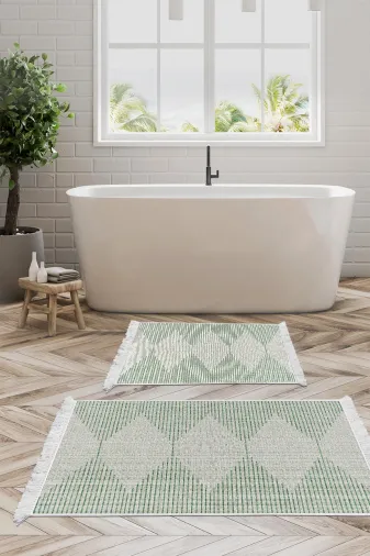 KAYABEY HOME B3-F5085K1-10P2 Kaymaz Taban Djt 2 Li Banyo Paspas Takımı Trend Saçaklı Iskandinav F5085 Yeşil