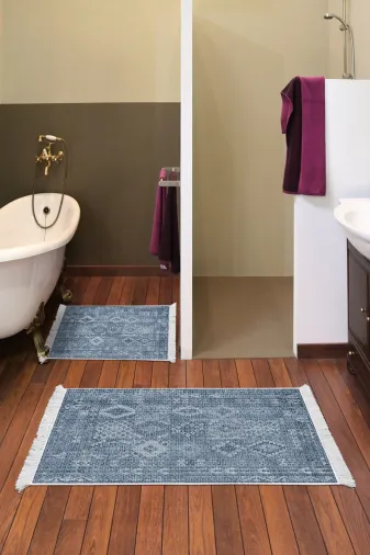 KAYABEY HOME B3-F5137P1-10P2 Kaymaz Taban Djt 2 Li Banyo Paspas Takımı Star Pamuk Saçaklı Iskandinav F5137 Lacivert