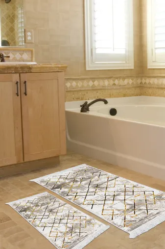 KAYABEY HOME B3-M5026P1-10P2 Kaymaz Taban Djt 2 Li Banyo Paspas Takımı Star Pamuk Saçaklı Modern M5026 Gold