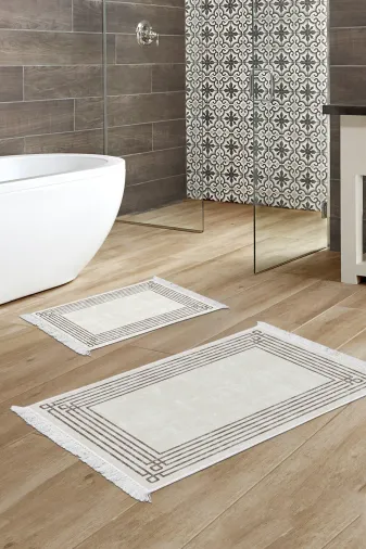 KAYABEY HOME B3-M5142K1-10P2 Kaymaz Taban Djt 2 Li Banyo Paspas Takımı Trend Saçaklı Modern M5142 Bej