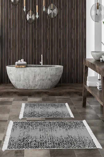 KAYABEY HOME B3-Mu123K1-10P2 Kaymaz Taban Djt 2 Li Banyo Paspas Takımı Trend Saçaklı Iskandinav Mu123 Gri