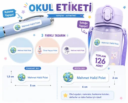 Kişiye Özel Pastel Mat Renkli Okul Etiketi Seti - Gezegen ve Uzay Serisi Isim Etiketi (Kalem, Defter)