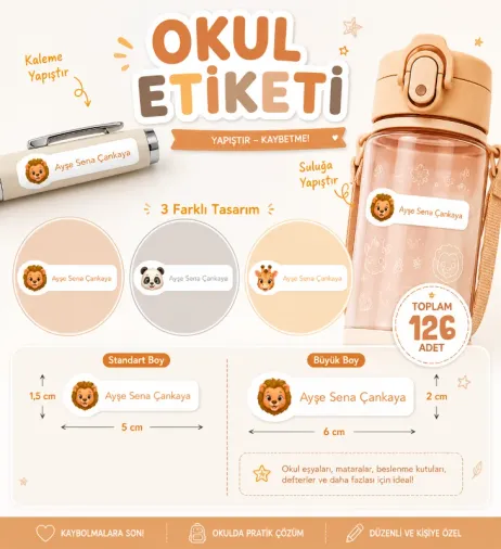 Kişiye Özel Pastel Mat Renkli Okul Etiketi Seti - Hayvanlar Serisi Isim Etiketi (Kalem, Defter)