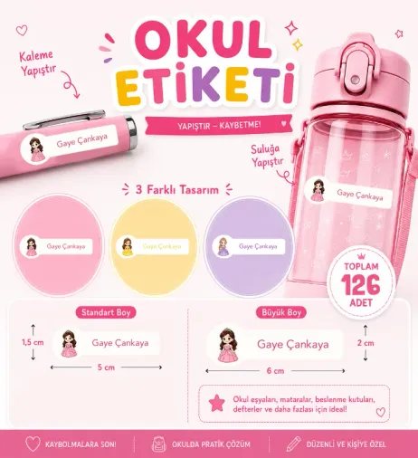 Kişiye Özel Pastel Mat Renkli Okul Etiketi Seti - Prenses Serisi Isim Etiketi (Kalem, Defter)