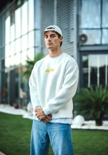 Kışlık Bisiklet Yaka Baskılı SweatShirt - Beyaz - S - Beyaz
