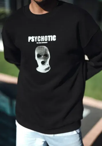 Kışlık Bisiklet Yaka Baskılı SweatShirt - Siyah - S - Siyah