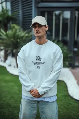 Kışlık Bisiklet Yaka Ön Ve Arka Baskılı SweatShirt - Beyaz - L - Beyaz