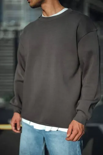 Kışlık Bisiklet Yaka Üç İplik Basic SweatShirt - Antrasit - S - Antrasit