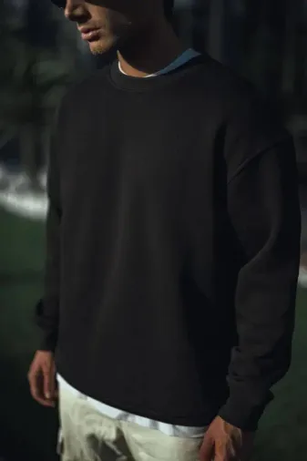 Kışlık Bisiklet Yaka Üç İplik Basic SweatShirt - Siyah - XL - Siyah