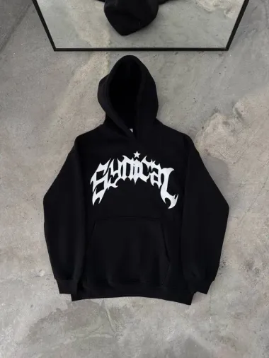 Kışlık Kapşonlu Baskılı Oversize SweatShirt- Siyah - L - Siyah