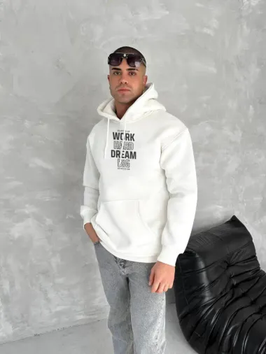 Kışlık Üç İplik Kapşonlu SweatShirt - Beyaz - M - Beyaz
