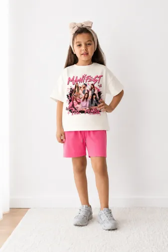 Kız Çocuk Oversize Kalıp Belya Kids Toz Pembe Manifest Tasarım 103 Pamuklu Alt Üst Takım