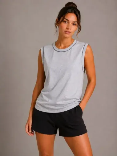 Kontrast Biyeli Kolsuz Atlet Bisiklet Yaka Yazlık Basic Atlet - Gri - 2XL - Gri