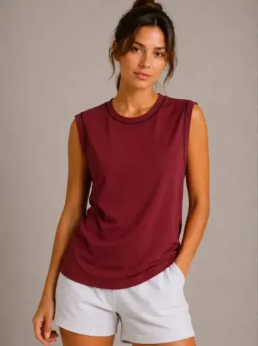 Kontrast Biyeli Kolsuz Atlet Bisiklet Yaka Yazlık Basic Atlet - Bordo - M - Bordo