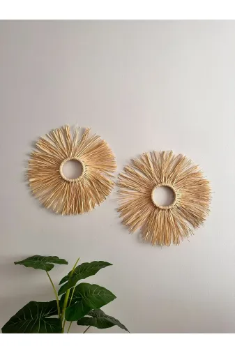 Korfam Home Design BK401K El Yapımı Dekoratif Bohem 2'li Doğal Rafya Duvar Süsü