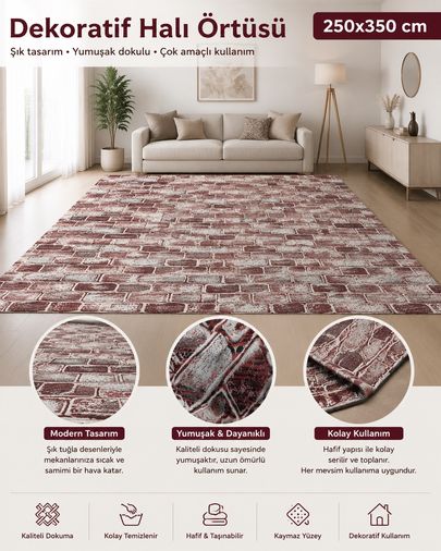 korkmaz mensucat lastiksiz halı örtüsü 9m2  (250*350) T1 Bordo