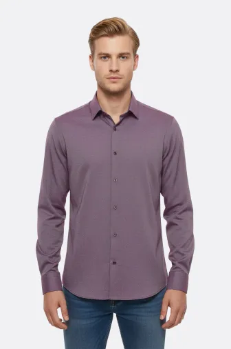 Koyu Bordo Kendinden Desenli Uzun Kol Slim Fit Gömlek - Wessi - S / Bordo