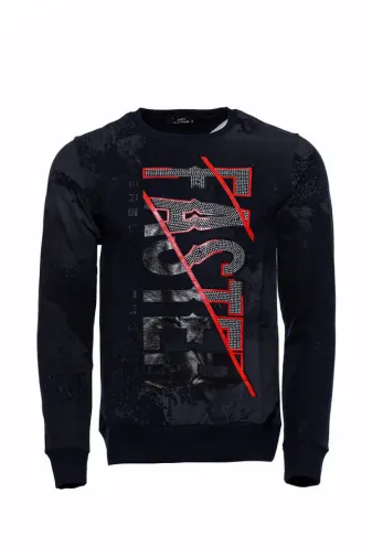Koyu Lacivert Fashion Baskılı Bisiklet Yaka Sweatshirt | Wessi