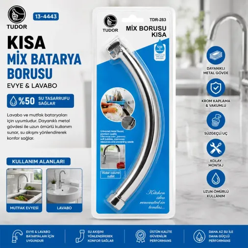Kuğu Evye - Lavabo Kısa x Batarya Borusu Krom Kaplama - Vakumlu - Süzgeçli Uç