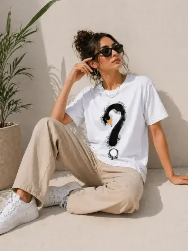 Kuğu Figürlü Soru İşareti Baskılı Tişört Kısa Kol T-Shirt - Beyaz - XS - Beyaz