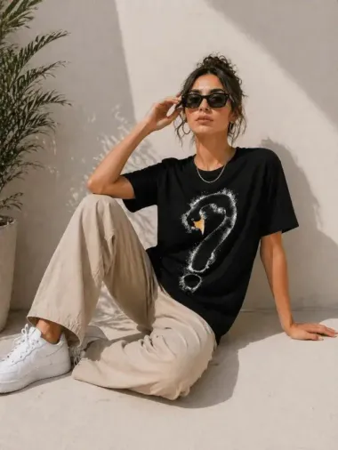Kuğu Figürlü Soru İşareti Baskılı Tişört Kısa Kol T-Shirt - Siyah - S - Siyah
