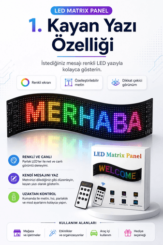 Kumandalı LED Matrix Panel Kayan Yazı Tabelası Renkli Mesaj Ve Saat Gösterimli