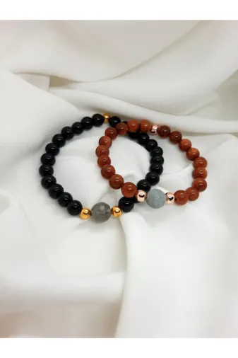 Lavinia Atelier YOÇB01 Çift Sevgili Eş Doğal Taş Bileklik Hediyelik Ürün Yıldız Taşı Akuamarin Obsidyen