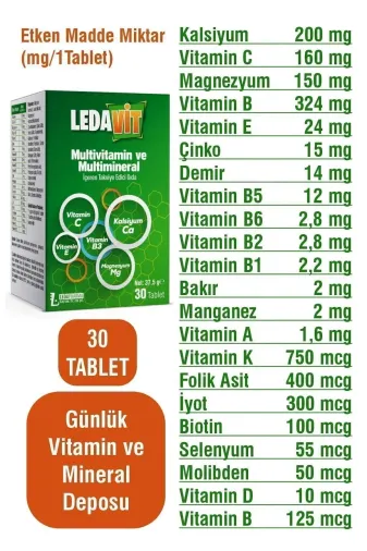 LedaPharma ERL 56 Multivitamin Mineral 30 Tablet (Kalsiyum Magnezyum Çinko Demir Vb.)