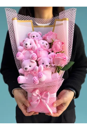 lenostra Ayicik-Buket30 Sevgiliye Hediye Buket Pembe Güllü Ve Pembe Ayıcıklı Kız Arkadaşa Hediye Romantik Anneye Ablaya