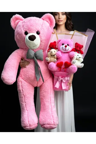 lenostra Ayicik-Buket32 Sevgililer Günü Hediyesi - 90Cm Pembe Ayıcık Ve Peluş Buket Sevgiliye Özel Hediye Doğum Günü