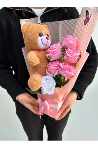 lenostra Ayicik-Buket43 Sevgiliye Yapay Çiçek Buketi 25Cm Kahverengi Ayıcıklı Peluş Buket Çiçek Buketi Sevgiliye Çiçek Kız