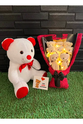 lenostra Ayicik-Buketi106 Sevgiliye Romantik Hediye 35Cm Ayıcık Ve 8 Ayıcıklı Işıklı Ayıcık Buketi