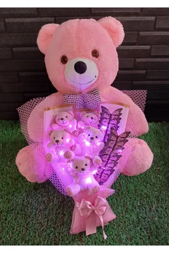 lenostra Ayicik-Buketi121 55Cm Pembe Ayıcık Ve Pembe Ayıcıklı Kelebekli Işıklı Ayıcık Buketi - Ese - Sevgiliye - Arkadasa