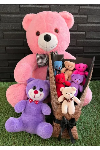 lenostra Ayicik-Buketi136 Hediye Sevgiliye 55Cm Pembe Ayıcık - Rengarenk Ayıcık Buketi - 25Cm Mor Ayıcık