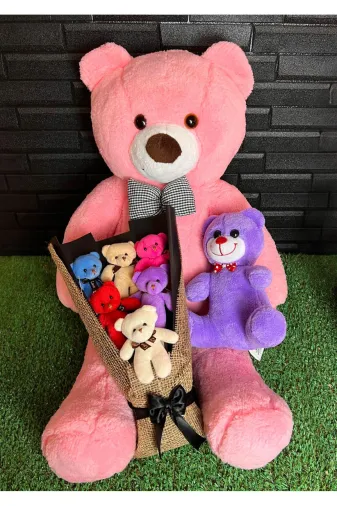 lenostra Ayicik-Buketi140 Sevgiliye Hediye Seti Rengarenk Ayıcık Buketi - 80Cm Pembe Ayıcık Ve 25Cm Mor Ayıcık