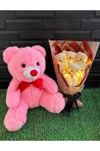 lenostra Ayicik-Buketi33x Sevgiliye Hediye 35Cm Pembe Ayıcık Ve 6Lı Sarı Işıklı Ayıcık Buketi - Öğretmene Hediye - 24 Kasım