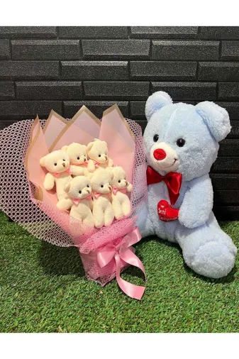 lenostra Ayicik-Buketi43 Sevgiliye Hediye 35Cm Mavi Ayıcık Ve 6Lı Ayıcık Buketi - Romantik Hediye - Dogum Gunu Hediyesi