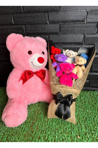 lenostra Ayicik-Buketi58 Kiza Hediye 35Cm Pembe Ayıcık Ve 6 Adet Rengarenk Ayıcıklı Ayıcık Buketi - Sevgiliye Hediye